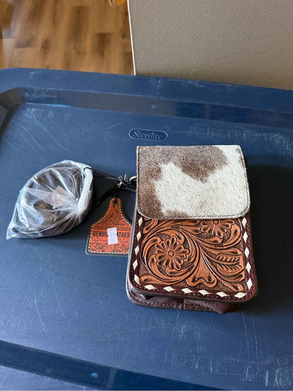 Cowhide & Tooled Leather Crossbody Bag - Brown/White